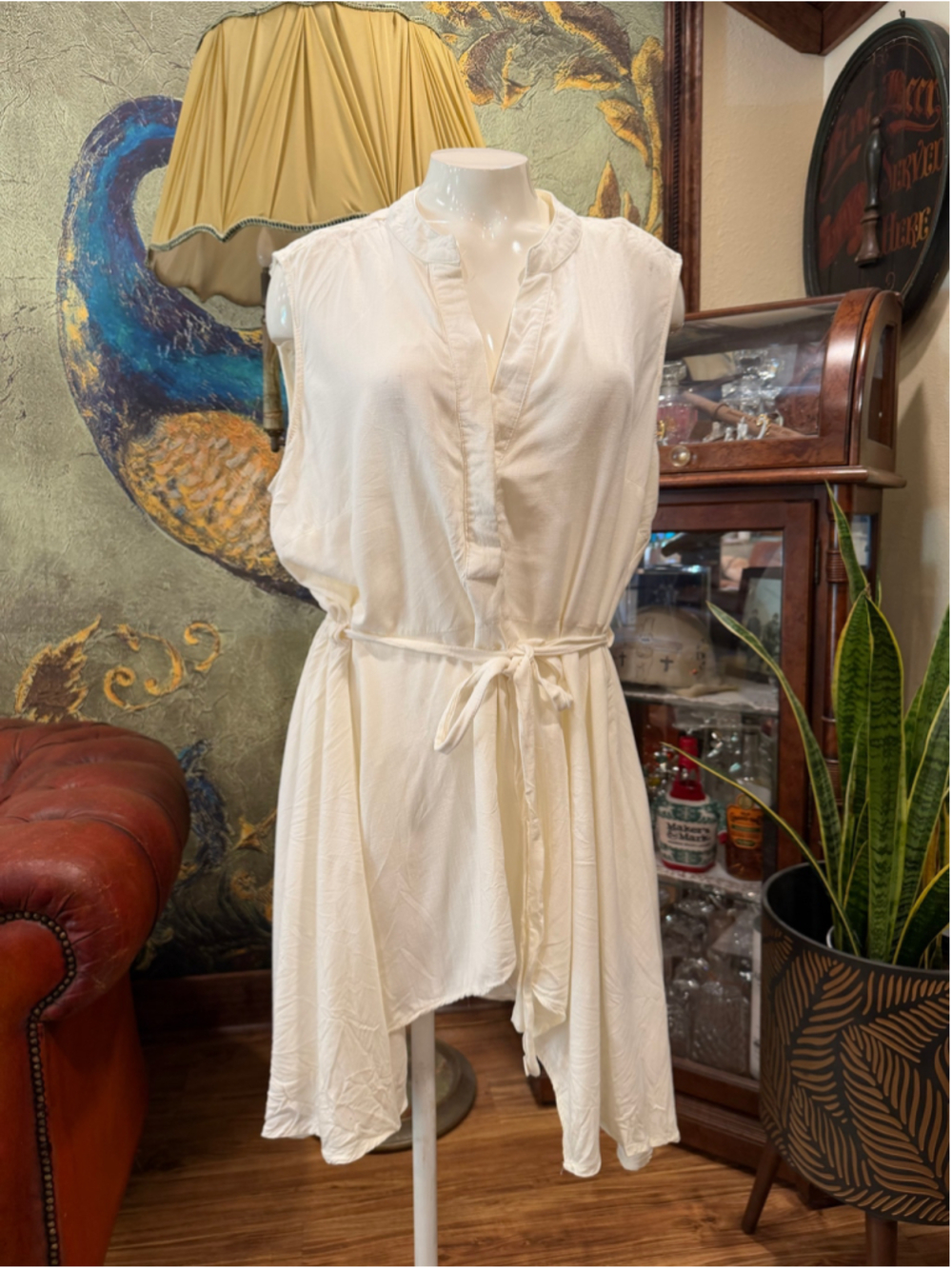 New Look White Rayon High Low Dress Womens 1X Sleeveless Boho Belted Asymmetric